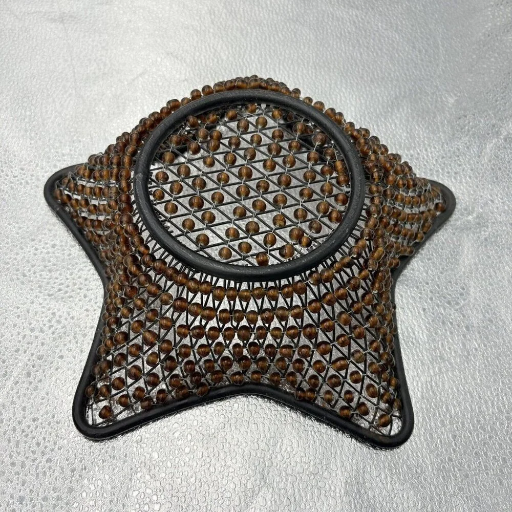 Black Metal Star Wire Basket Brown Beaded Bowl‎ Boho Farmhouse Decor Centerpiece